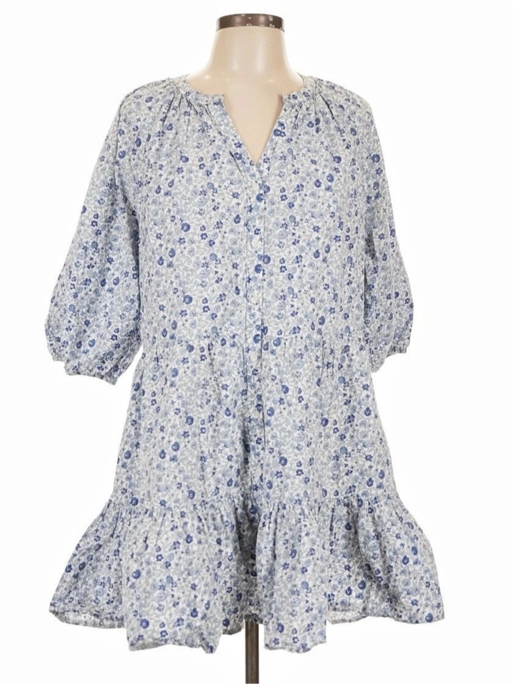 Apiece Apart Mitte 100% Organic Cotton Floral Tiered Mini Dress Blue Puff Sleeve